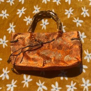 Vintage fiona lang EUC Orange Gold Floral Embroidered Purse with Wooden Handles